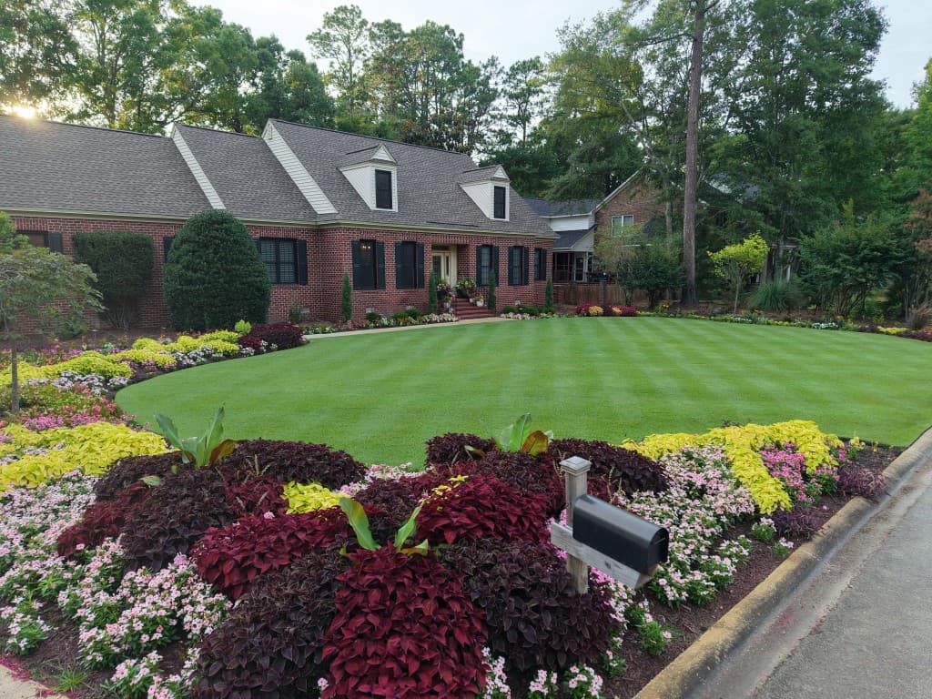 A striped front lawn with colorful planting beds in front of a brick home